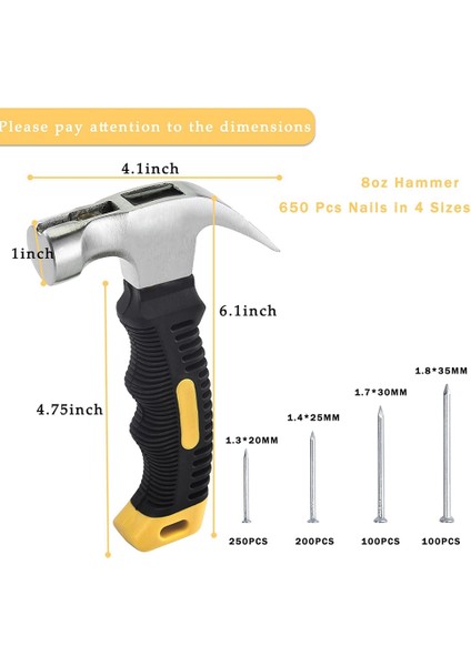 Çivi Çeşitleri Seti ve 8oz Küçük Çekiç, 650 Adet Küçük Çivi (Yurt Dışından) fiyatları
