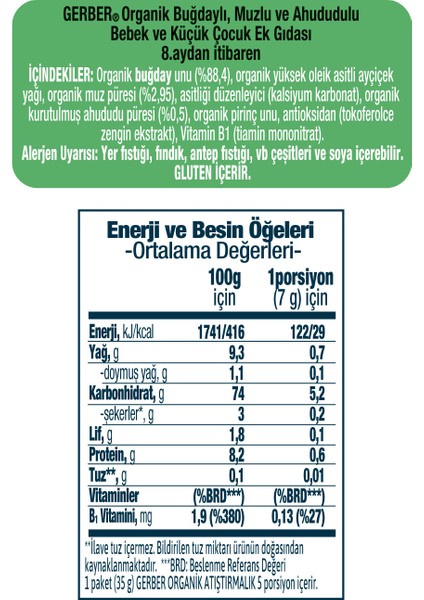 Organik Pirinçli, Buğdaylı, Muzlu ve Ahududulu Bebek Atıştırmalığı 35 gr x 5 Adet indirimleri