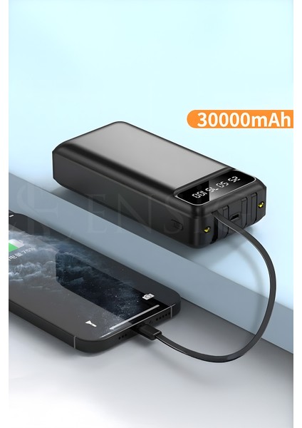 LCD Göstergeli Dahili Kablolu 30.000 Mah Fenerli Telefon Tutuculu Powerbank Siyah modelleri