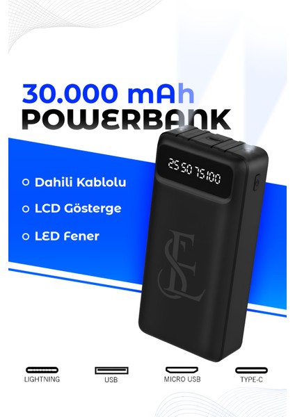 LCD Göstergeli Dahili Kablolu 30.000 Mah Fenerli Telefon Tutuculu Powerbank Siyah indirimleri