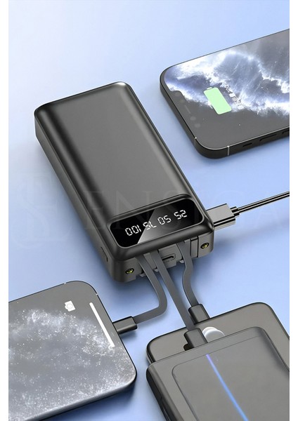 LCD Göstergeli Dahili Kablolu 30.000 Mah Fenerli Telefon Tutuculu Powerbank Siyah