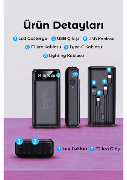 LCD Göstergeli Dahili Kablolu 30.000 Mah Fenerli Telefon Tutuculu Powerbank Siyah