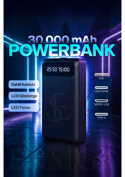 LCD Göstergeli Dahili Kablolu 30.000 Mah Fenerli Telefon Tutuculu Powerbank Siyah