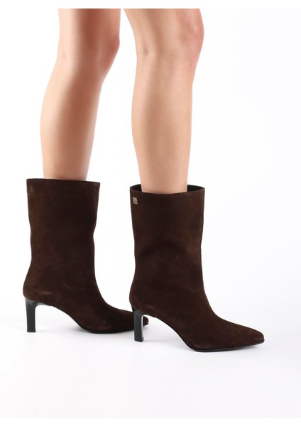 Alvina Hakiki Süet Deri Kahverengi Kadın Topuklu Bot