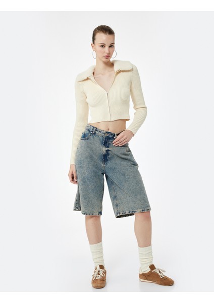 Viskon Karışımlı Suni Kürk Yakalı Uzun Kollu Fermuarlı Triko Hırka