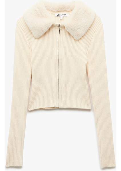 Viskon Karışımlı Suni Kürk Yakalı Uzun Kollu Fermuarlı Triko Hırka modelleri