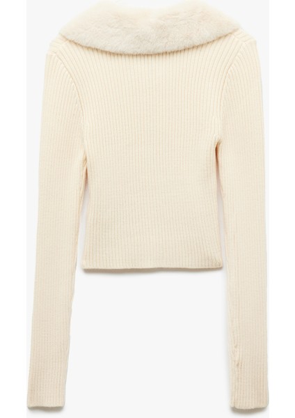 Viskon Karışımlı Suni Kürk Yakalı Uzun Kollu Fermuarlı Triko Hırka fırsatları