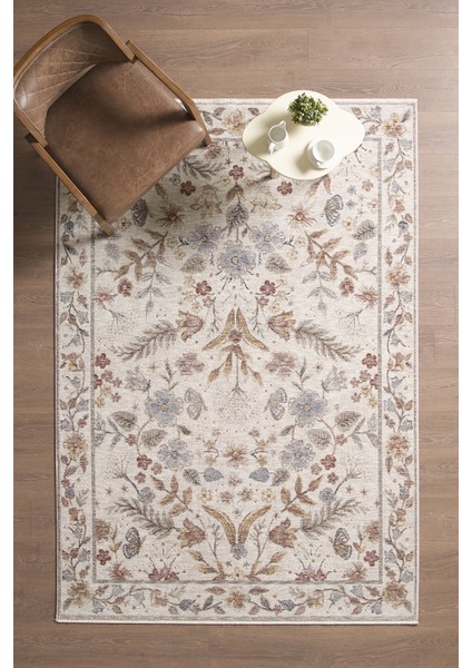 Frezia Floral Bambu Polyester Oturma Odası Salon Mutfak Halısı Eskitme Çiçekli Vintage Halı