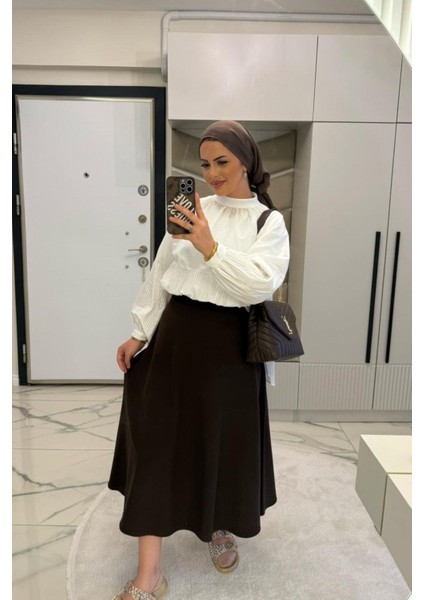 Kadın Kahverengi Dabıl Kumaş Beli Lastikli Kloş Etek