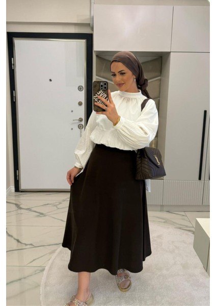 Kadın Kahverengi Dabıl Kumaş Beli Lastikli Kloş Etek modelleri