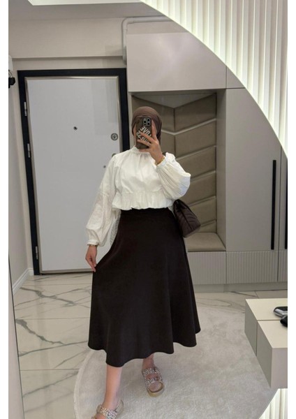 Kadın Kahverengi Dabıl Kumaş Beli Lastikli Kloş Etek indirimleri