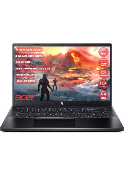 Nitro V 15 ANV15-51 Intel Core I5 13420H 8 GB 512 GB SSD RTX 3050-6 GB Freedos 15.6" FHD IPS Taşınabilir Bilgisayar NH.QNCEY.001