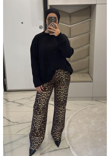 Kadın Leopar Desenli Palazzo Pantolon