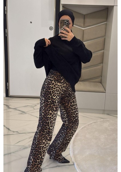 Kadın Leopar Desenli Palazzo Pantolon modelleri