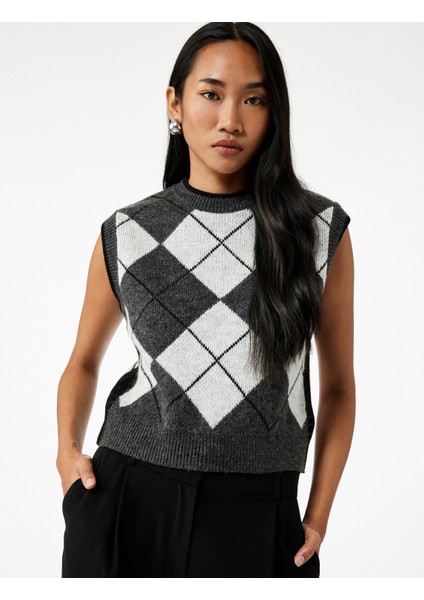 Baklava Desenli Kolsuz Bisiklet Yaka Triko Süveter