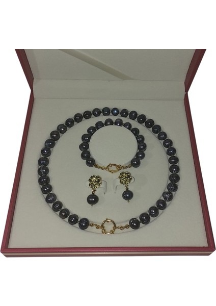 Doğal Siyah Inci Kolye Bileklik Küpe Seti (10 mm Inci, Gül Formlu Küpe, Gemici Kilidi)