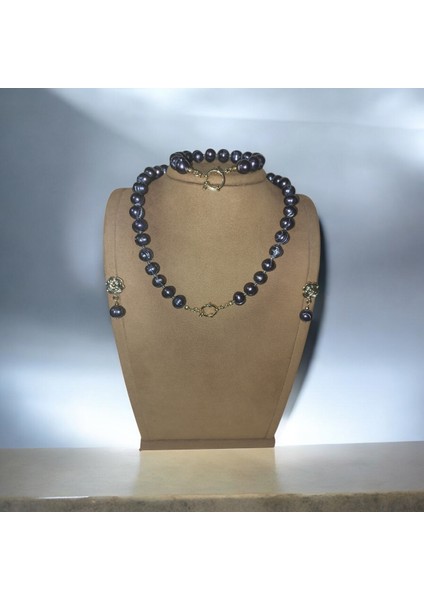Doğal Siyah Inci Kolye Bileklik Küpe Seti (10 mm Inci, Gül Formlu Küpe, Gemici Kilidi) fiyatları