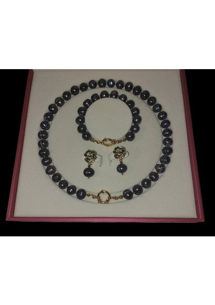 Doğal Siyah Inci Kolye Bileklik Küpe Seti (10 mm Inci, Gül Formlu Küpe, Gemici Kilidi) modelleri