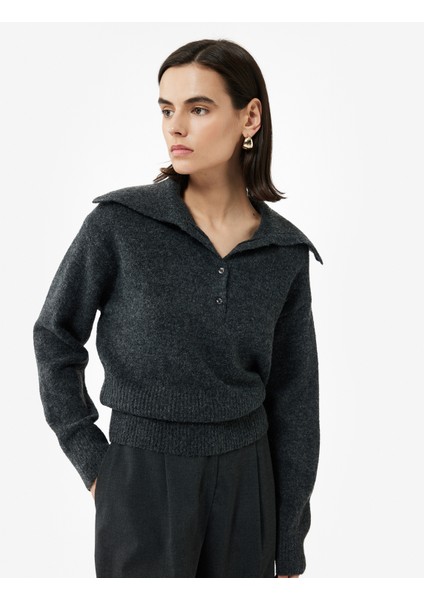 Regular Fit Uzun Kollu Yarım Düğme Detaylı Geniş Polo Yaka Triko Kazak