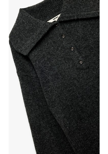 Regular Fit Uzun Kollu Yarım Düğme Detaylı Geniş Polo Yaka Triko Kazak indirimleri