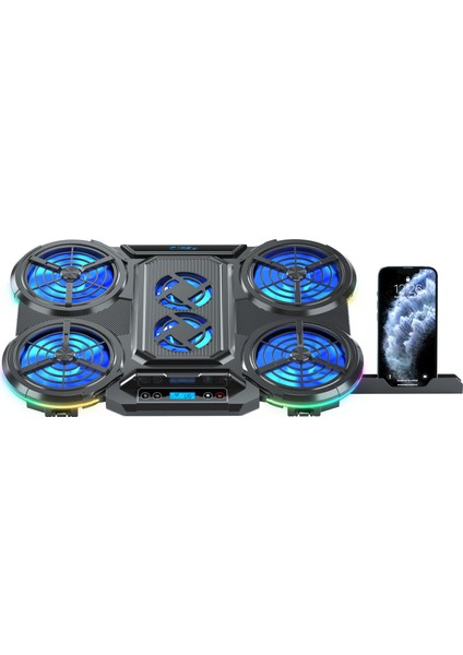 Frost Gt6 6x Big Turbo LED Fan - 10 Modlu Rgb - LCD Ekran - Ayarlabilir Fan Hızı & 7 Farklı Stand Yükseklik Kademesi – 2x USB - Özel Tasarım Notebook Soğutucu - Siyah (13"-17" Boyut Destekli)