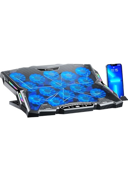 Frost GT15 15X Turbo LED Fan - 10 Modlu Rgb - LCD Ekran - Ayarlabilir Fan Hızı & 9 Farklı Stand Yükseklik Kademesi – 2x USB - Metal Mesh Zemin Notebook Soğutucu - Siyah (9"-17" Boyut Destekli)