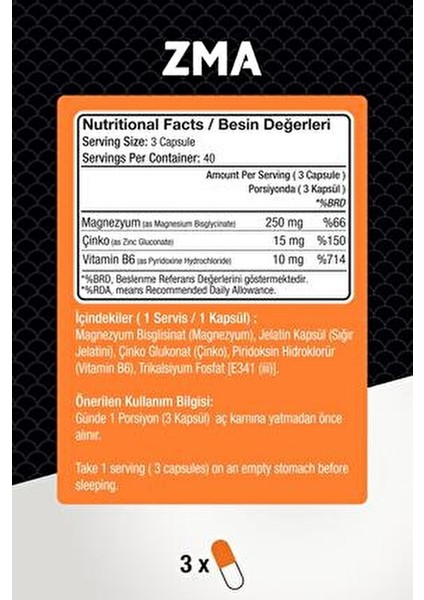 ZMA 120 Kapsül Magnezyum ve Çinko Desteği ile Yüksek Performans