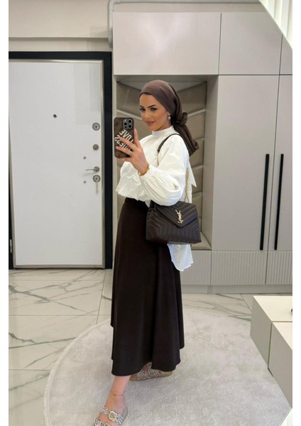 Kadın Kahverengi Dabıl Kumaş Beli Lastikli Kloş Etek fiyatları