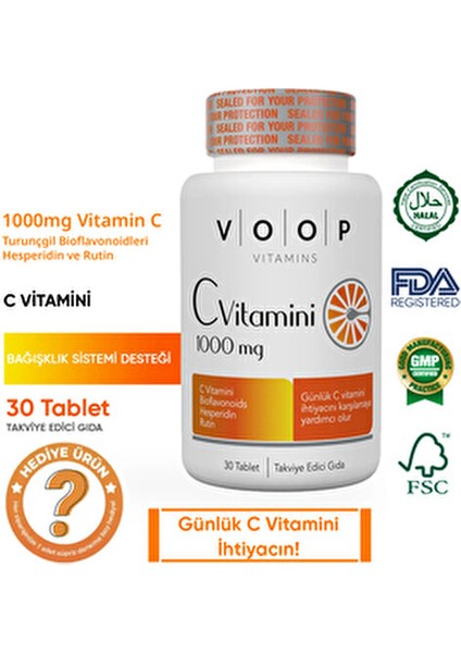C Vitamini 1000 Mg 30 Tablet Bağışıklık Sistemini Destekleyici Turunçgil Bioflavonoidleri
