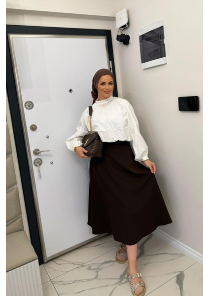 Kadın Kahverengi Dabıl Kumaş Beli Lastikli Kloş Etek fırsatları