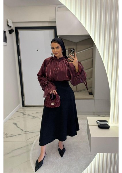 Kadın Siyah Dabıl Kumaş Beli Lastikli Kloş Etek