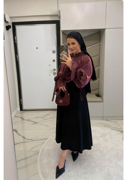 Kadın Siyah Dabıl Kumaş Beli Lastikli Kloş Etek fiyatları