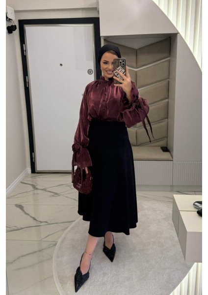 Kadın Siyah Dabıl Kumaş Beli Lastikli Kloş Etek modelleri