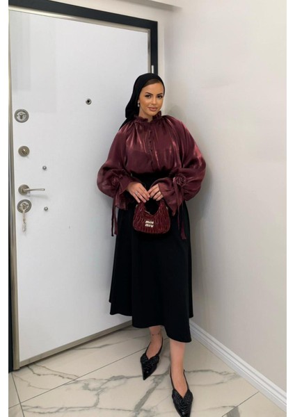 Kadın Siyah Dabıl Kumaş Beli Lastikli Kloş Etek fırsatları