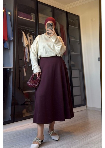 Kadın Bordo Scuba Kumaş Çan Etek