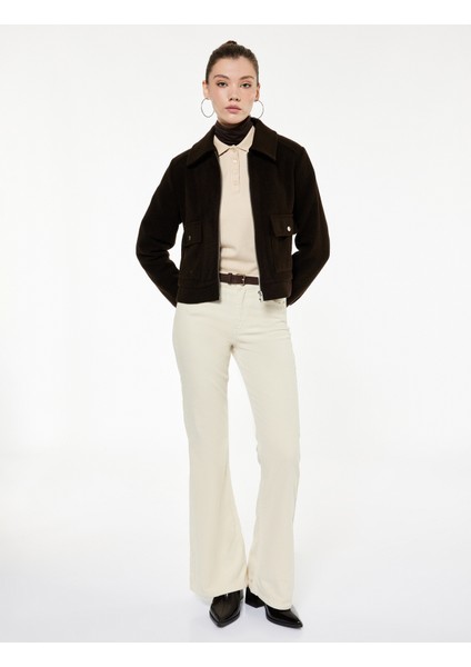 Dar Kesim Düğmeli Cepli Ispanyol Paça Kadife Pantolon - Flare Jeans