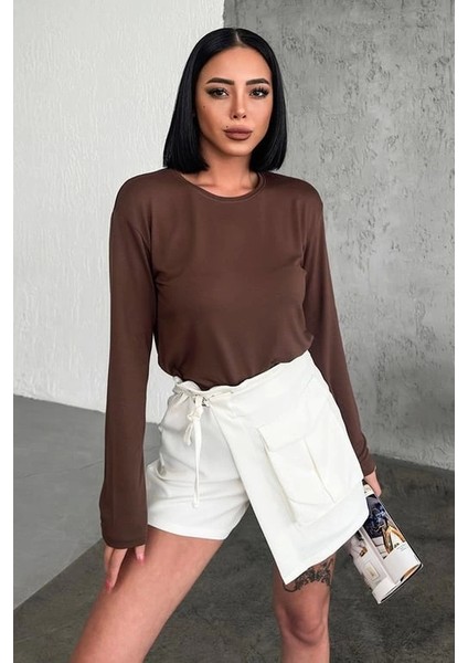 Rahat ve Şık Uzun Kollu Bisiklet Yaka Likralı Viskon Penye Body Kahverengi ( Lisinya )