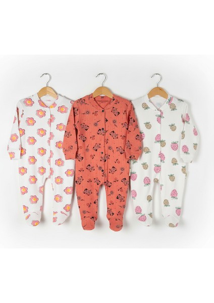 Yeni Doğan Bebek Tulum Seti 3’lü | Çiçek & Kedi & Çilek | %100 Pamuk, Anti Alerjik | 0-3 & 3-6 Ay