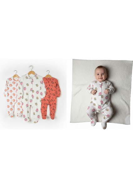 Yeni Doğan Bebek Tulum Seti 3’lü | Çiçek & Kedi & Çilek | %100 Pamuk, Anti Alerjik | 0-3 & 3-6 Ay modelleri