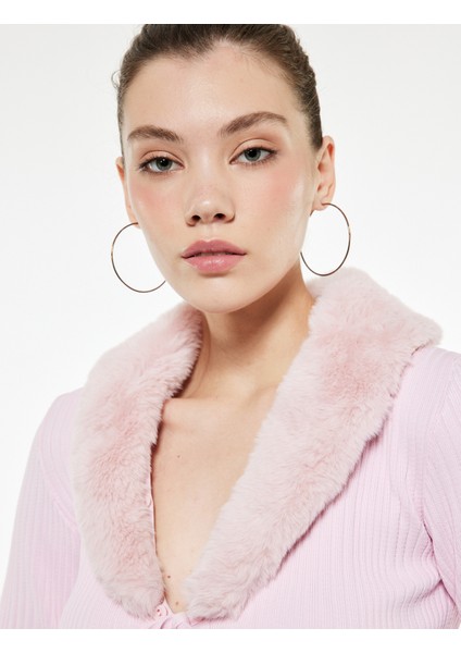 Suni Kürklü Yaka Fiyonklu Bağlama Detaylı Slim Fit Crop Triko Hırka fiyatları