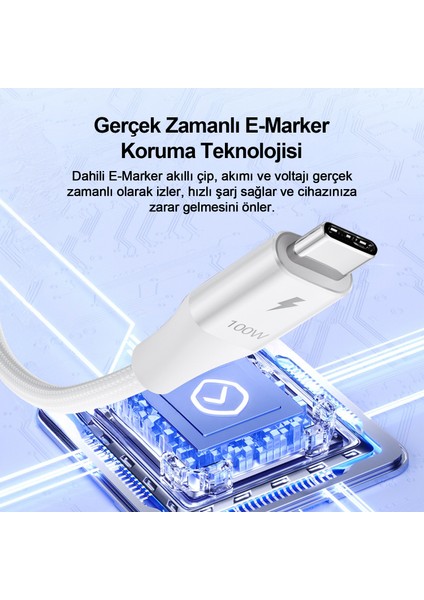 100W Type-C’den Type-C’ye Şarj Kablosu 2 Metre,veri ve Pd Kablosu,ultra Hızlı Şarj, Android Uyumlu,Beyaz 2 Metre CTC100