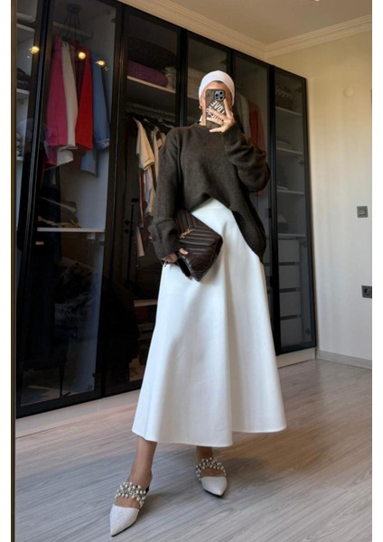 Kadın Ekru Scuba Kumaş Çan Etek