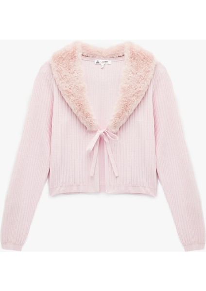 Suni Kürklü Yaka Fiyonklu Bağlama Detaylı Slim Fit Crop Triko Hırka modelleri