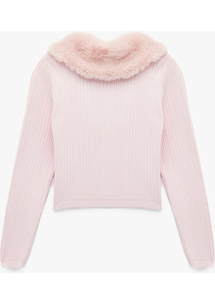Suni Kürklü Yaka Fiyonklu Bağlama Detaylı Slim Fit Crop Triko Hırka fırsatları