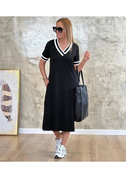 Mdb Kadın Kısa Kollu V Yaka Kol ve Yaka Ribana Detay Midi Boy Viskon Elbise indirimleri