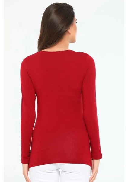 Rahat ve Şık Uzun Kollu Bisiklet Yaka Likralı Viskon Penye Body Bordo ( Lisinya )
