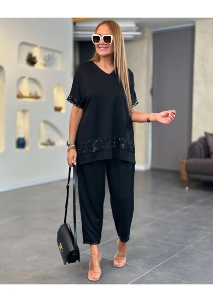 Mdb Kadın Kısa Kollu V Yakalı Pul Payetli Viskon Iki Iplik Bluz ve Pantolon Ikili Takım