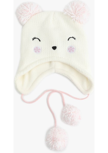 Ponponlu Nakış Detaylı Kedi Figürlü Örgü Bere