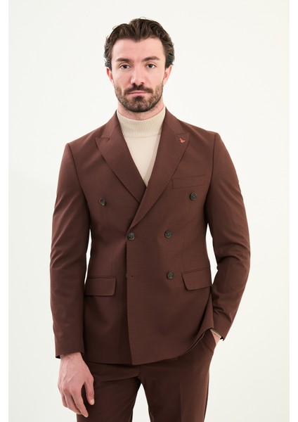 Düz Slim Fit Geniş Yaka Kruvaze Erkek Takım Elbise