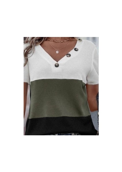 Mdb Kadın Kısa Kollu V Yakalı Düğmeli Waffle Bluz fiyatları